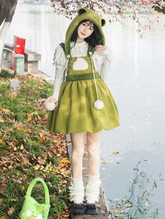 Little Frog Green Bubble Skirt Fleece Winter Lolita Overall Dress Frog Dress, Frog Costume, Style Kawaii, Green Bubble, Kawaii Dress, Bubble Skirt, Drawing Stuff, Poses References, Sweet Lolita