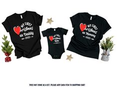 Grab your First Christmas Family outfit! Don't miss the sale and make your Custom Our First Christmas Matching shirts for your Christmas photo shoot! Don't miss these 1st First Mommy Daddy Baby Personalized Christmas pjs! This is the perfect Christmas gift idea! THIS LISTING IS FOR ONE SHIRT. TO MAKE A SET, PLEASE ADD THE SHIRTS YOU NEED TO YOUR CART. Our t-shirts and bodysuits are SUPER soft and SUPER comfy.  Adult t-shirts are Unisex. Please take a look at the sizing chart pictures. We recommend washing inside out in cold or warm water with like colors. Dry on low to medium heat or hang to dry. Please, do not use bleach or oxyclean. Do not iron on the print. Due to all items being Print-On-Demand, all sales are FINAL and exchanges or returns are NOT ACCEPTED. Colors may differ from monit Christmas Photo Shoot Outfits, Photo Shoot Outfits, Christmas Photo Shoot, Family And Baby, Baby Christmas Photos, Family Matching Shirts, Family Pjs, Christmas Matching, Christmas Custom