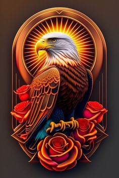 an eagle sitting on top of a rose with the sun shining down over it's head