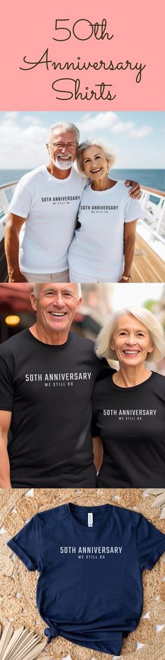 an advertisement for 50th anniversary shirts with two men and woman on the front, one man in