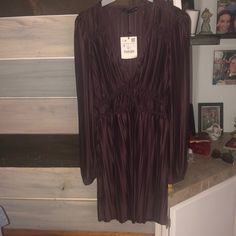 Brand New With Tags Zara Long Sleeve Dress This Is Perfect For Weddings Or Special Occasions Length Is Above Knee For 5’4” Height Love The Dark Purple Color And The Style Small Size 100% Polyester Purple Pleated Dress For Date Night, Elegant Purple Pleated Mini Dress, Elegant Purple Pleated Dress, Purple Pleated Mini Dress, Zara Pleated V-neck Dress, Elegant Purple Zara Mini Dress, Zara Pleated Midi Dress For Fall, Zara Evening Pleated Dresses, Zara Pleated Midi Dress For Party