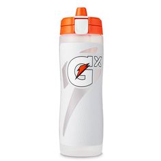 the gatorade water bottle is white with orange trim and an orange cap on it