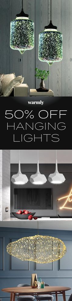 an advertisement for a lighting store with lights on the table and lamps hanging from the ceiling