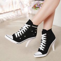 Black Canvas Denim Rivet Lace up High Heels Shoes on Storenvy Spring Sneakers Women, Retro Quotes, High Heel Dress, Black High Heel Boots, Lace Up High Heels, Boots For Short Women, Spring Sneakers, Spring Boots, T Strap Heels