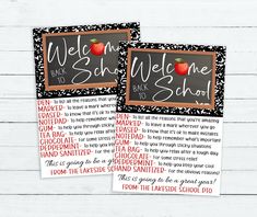 two welcome back to school cards with an apple on them