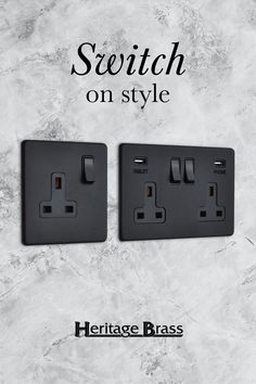 two black electrical outlets are shown with the words switch on style written below them in white lettering