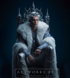 a man sitting on top of a chair wearing a silver crown and fur stoler