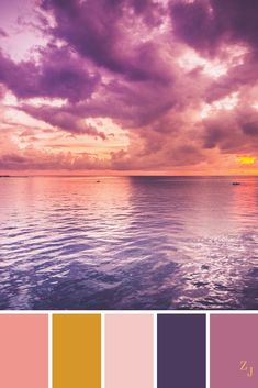 an ocean scene with the sun setting and clouds in the sky over the water, as well as color swatches