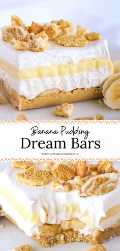 banana puddingy dream bars with white frosting and bananas on top