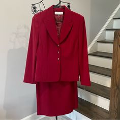 Brand New With Tags Approx Measurements: Blazer Long 26”, Armpit To Armpit 18.5” Sleeves From Shoulder Down 24”. Skirt Long 25”, Waist 14”. Color: Vermillion Red Long-sleeve Skirt Suit For Office, Elegant Red Skirt Suit For Fall, Tailored Red Long Sleeve Skirt Suit, Tailored Red Skirt Suit For Office, Red Long Sleeve Skirt Suit For Work, Fall Formal Red Skirt Suit, Elegant Red Formal Skirt Suit, Winter Career Fitted Skirt Suit, Classic Red Skirt Suit For Work