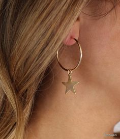 "\" THE STAR GIRL HOOP \" Stars and hoops are a few of our favorite things! This pair of star hoop earrings can beautifully put together an outfit. Its the perfect accessory to layer with your other ear accessories or simply alone! Take a look at our earrings section for more earrings like this! https://www.etsy.com/shop/TommassiniJewelry?ref=hdr_shop_menu&section_id=13989321 L E T S . T A L K . E A R R I N G S ✤ Available in 14k gold filled or sterling silver ✤ MATERIAL IS GREAT FOR MOST SE Dainty Star-shaped Hoop Earrings For Everyday, Trendy Star Embellished Jewelry Gift, Trendy Star Embellished Jewelry For Gifts, Trendy Star-embellished Jewelry Gift, Hoop Earrings With Star Charm, Trendy Gold Hoop Earrings With Star Charm, Star-shaped Pierced Hoop Earrings As Gift, Star-shaped Hoop Earrings For Everyday, Trendy Star-shaped Nickel-free Hoop Earrings