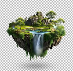 an island in the shape of a waterfall with trees and water flowing down from it