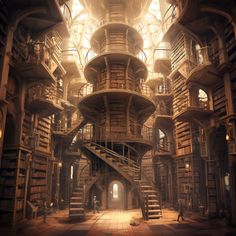 a large room with many bookshelves and stairs in the center, as well as a spiral staircase leading up to an open door