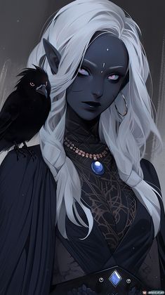 a drawing of a woman with white hair holding a black bird on her shoulder and looking at the camera