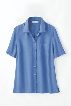 We gave our 100% Linen Camp Shirt a fit makeover you'll love – it’s easygoing, true-to-size and a bit longer. A classic yet modern look in pure sunwashed linen – the fabric of sunny seasons. Chest pocket, button front, side-slit hem. Imported. | Women's Linen Camp Shirt - Medium Blue - PS - Petite Size Knit Denim, Camp Shirt, Summer Staples, Linen Top, Fashion Studio, Camping Shirt, Linen Women, Petite Size, Shirt Top