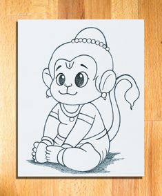 a drawing of a monkey sitting on top of a wooden floor