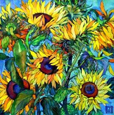 a painting of sunflowers on a blue background