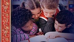 there are three children looking at an open book with the caption's name on it