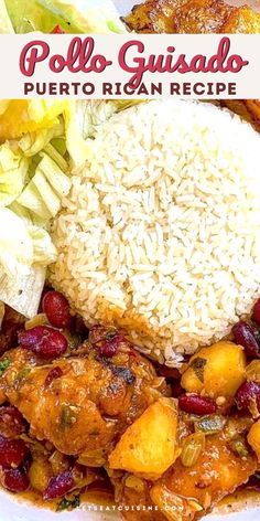 a white plate topped with rice and beans next to other food on top of a table