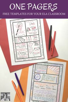 two sheets of paper with writing on them and the title, one pagers free templates for your ela classroom