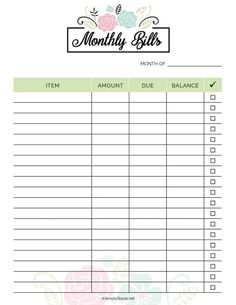 a printable sign up sheet with the words, month bills and flowers on it