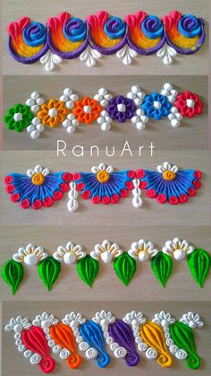 four different types of paper flowers on a wooden surface with the words ranua art written in