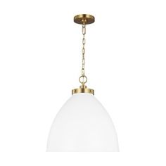 an image of a light fixture with a white glass ball hanging from the bottom and gold chain