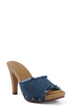 A clog-inspired stud strap tops this versatile slide sandal that's raised on a lofty heel. 4 1/4" heel; 3/4" platform Cushioned insole Leather, textile or synthetic upper/leather lining/synthetic sole Imported Spring Clogs With 4-inch Wedge Heel, Spring Clogs With 4-inch Open Heel, Denim Blue Platform Sandals For Summer, Closed Toe Denim Sandals, Denim Blue Open Heel Sandals For Summer, Denim Blue Platform Sandals For Spring, Summer Denim Heels With Open Heel, Chic Open Toe Denim Sandals, Summer Denim Open Heel Heels