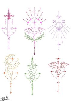 six different types of tattoos with designs on them, all in different colors and shapes