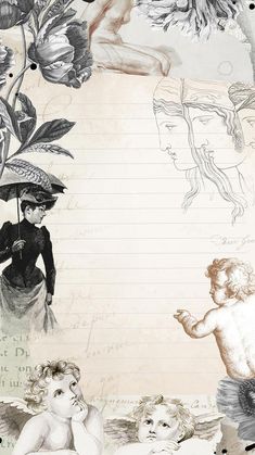 an altered photograph of two children with umbrellas and flowers in the background, on lined paper