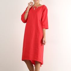 Solid, 3/4 Sleeve Midi Dress In A Relaxed Style With A Crew Neck And A Slight Hi-Lo Hem Rayon Linen Rayon 50% Linen 50% Made In Usa Red Color Red Linen Dress For Spring, Red Midi Dress With 3/4 Sleeves, Red Short Sleeve Linen Dress For Spring, Red 3/4 Sleeve Dress For Spring, Red 3/4 Sleeve Beach Dress, Red 3/4 Sleeve Spring Dress, Elegant Red Linen Dress For Spring, Red Half Sleeve Summer Dress, Plunge Midi Dress