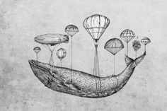 a drawing of a whale with balloons floating in the air