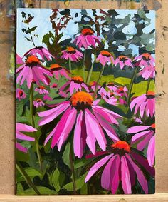 a painting of pink flowers in a field