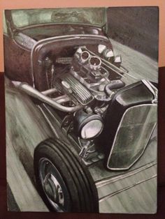 a drawing of an old car with the hood up and engine on it's side