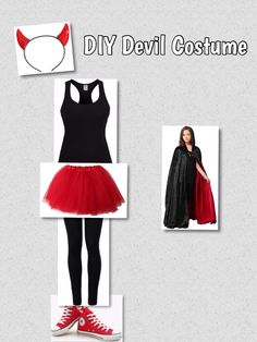 three different costumes with red shoes and black clothing, one is wearing a devil costume