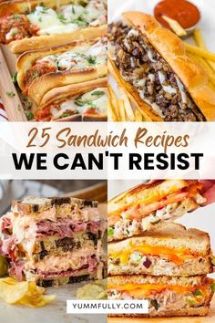 sandwiches and french fries with text overlay that reads 25 sandwich recipes we can't resist