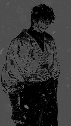 an anime character standing in the snow with his back turned to the camera and wearing a kimono