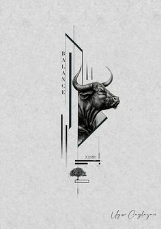 a bull's head is shown in the middle of an abstract graphic art piece