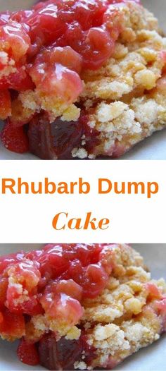 yummy rhubarb dump cake is stacked on top of each other