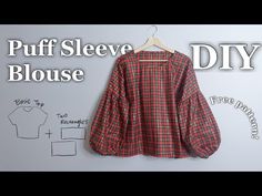 a red and black plaid shirt hanging on a wall with the words puff sleeve blouse