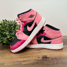 Nike Air Jordan 1 Mid Coral Chalk/Rush Pink/Black Girls Sneakers Pre~Loved, Gently Worn Condition. No Noted Flaws. May Need A Little Cleaning. Size~5y Color~Coral Chalk/Rush Pink/Black Dressed In A Coral Chalk, Rush Pink, And Black Color Scheme. This Air Jordan 1 Mid Features A Black Leather Base With A Dark And Light Shade Of Pink Used On The Overlays. Black Continues On The Tongues And Lining Completed With A White Midsole And Pink Rubber Outsole. All Items Are Hand Picked By Me And Are In Exc Jordan 1 Mid Coral Chalk, Jordan 1 Pink, Black And Pink Dress, Closet Wishlist, Nike Air Jordan 1 Mid, Cute Nike Shoes, Phone Screens, Cute Nikes, Nike Air Jordan 1