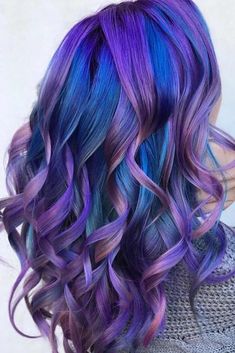 Short Hair, Blue Highlights: A Perfect Match Purple Multicolor Hair, Colourful Hair Ideas For Short Hair, Space Hairstyles, Purple And Blue Hair, Avengers Nails, Galaxy Hair Color, Unicorn Hair Color, Wild Hair Color