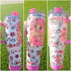 three pictures of the same cup with different designs on it, one has a pink lid and