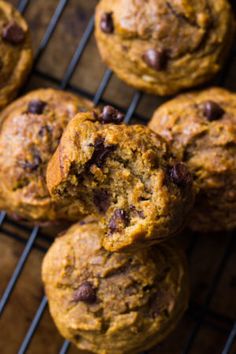 chocolate chip muffins cooling on a wire rack