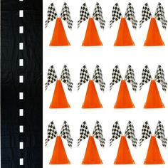 an orange traffic cone with checkered flags on it