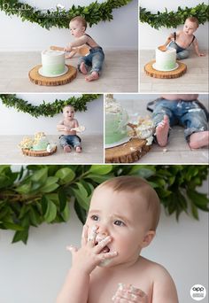 a collage of photos shows a baby eating cake