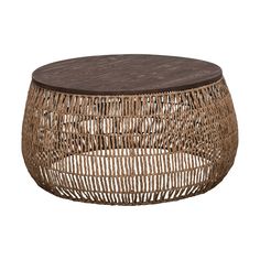 a round wicker coffee table with wooden top and brown leather padding on the bottom