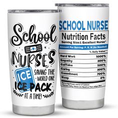 two white tumblers with school nurse nutrition labels on them