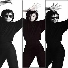 four different shots of the same man in black clothes and sunglasses, one with his arms outstretched