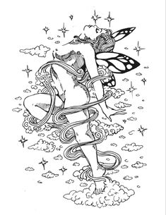 a black and white drawing of a fairy